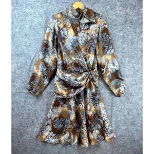 Vintage Jerri Sherman Dress Womens 8 Brown Blue Silk Bow Cocktail Hollywood Glam